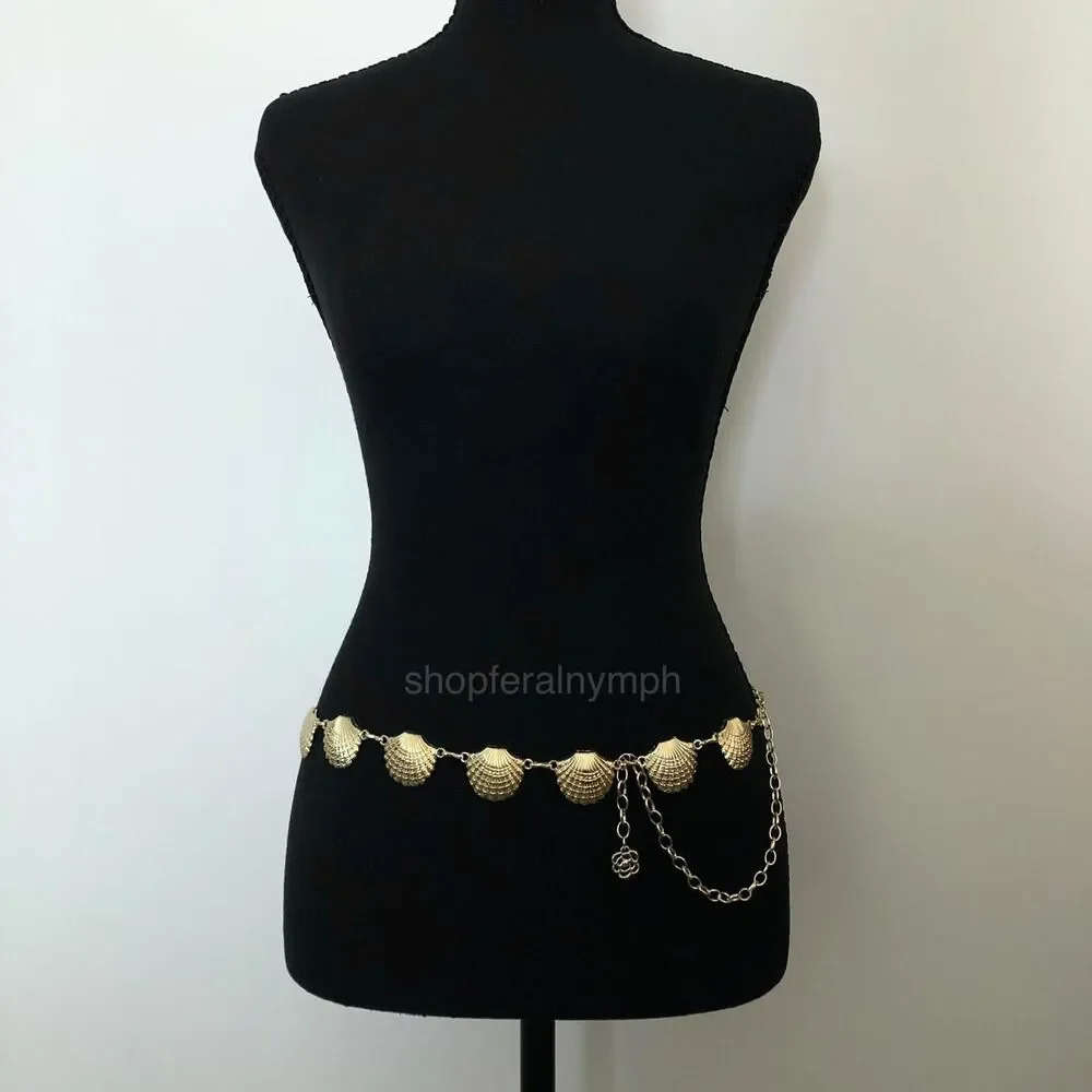 Vintage Y2K Mermaidcore Gold Seashell Chain Belt, Fits 23.5–43 Inches, X7GA1148